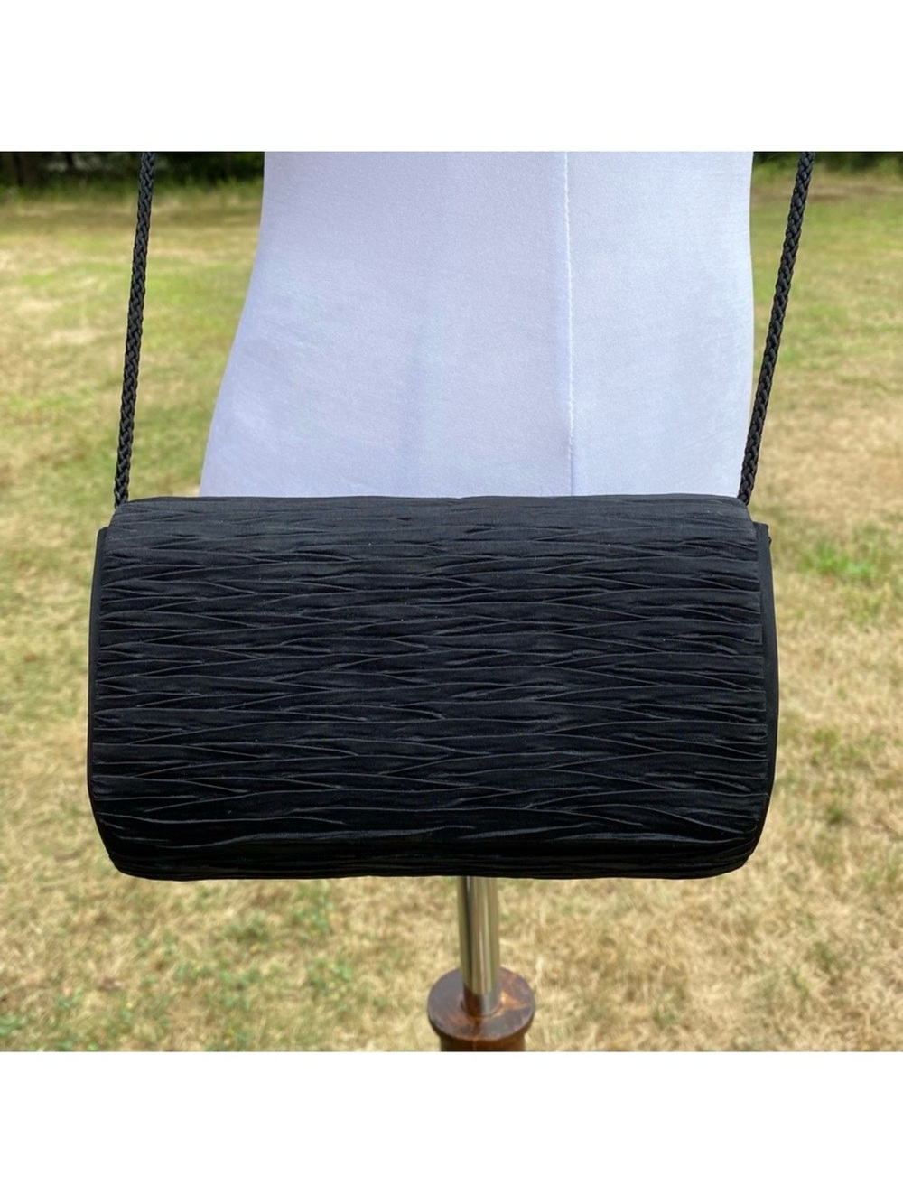 LA REGALE BAG SHOULDER CROSSBODY BLACK SATIN BOX LONG CORD STRAP FLAP VINTAGE